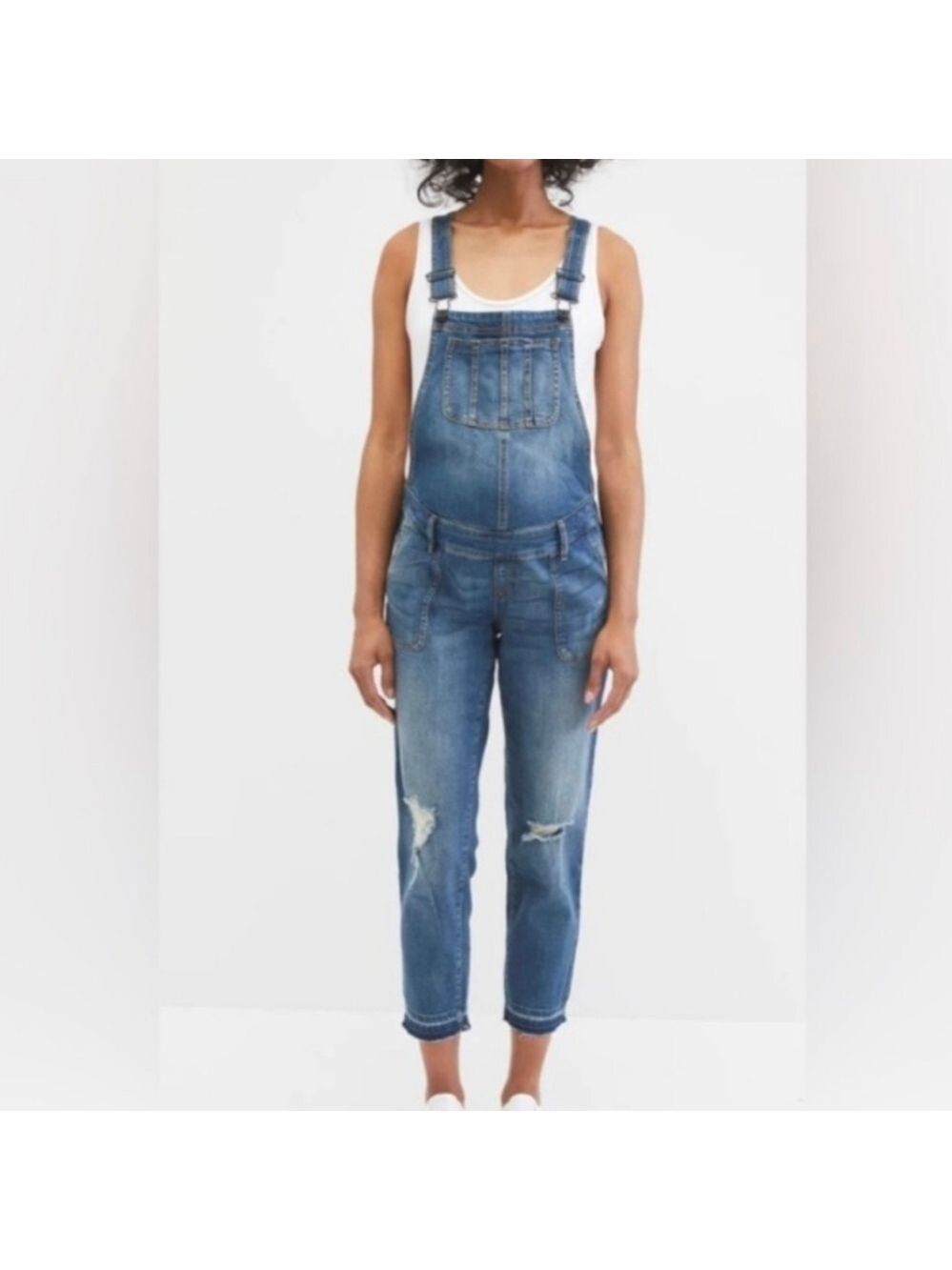 INDIGO blue maternity overalls distressed fringe size XS